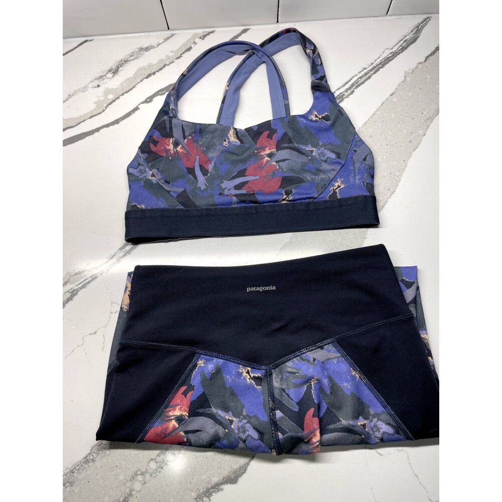 Patagonia Sports Bra and Cropped Legging Set - Abstract Jungle, Blue, S / XS